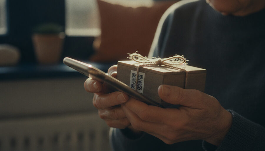 Grandmother's hands scanning a QR sticker on a small wooden gift box
