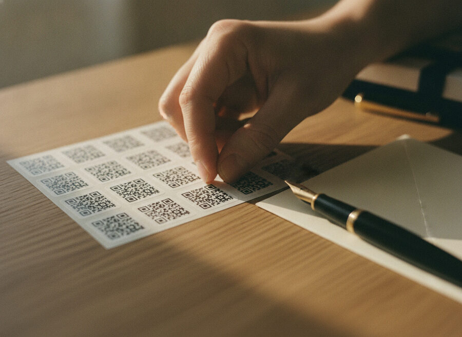 A printed Emori QR sticker being placed on a gift